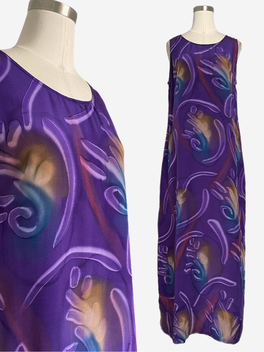 Vintage Simply Silk purple abstract watercolor swirl silk dress art to wear M/L